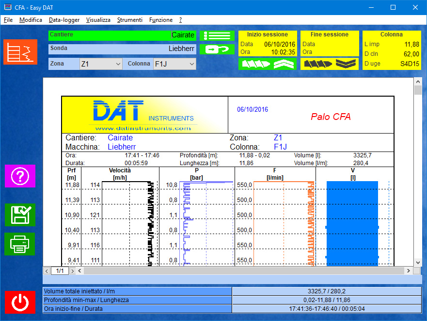 Easy DAT, continuous flight auger, CFA, auger cast pile, ACP, certification software, concrete pressure, concrete quantity, rod speed