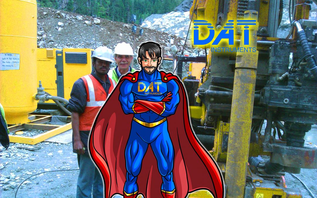 DAT instruments datalogger, drilling rig operators, DAT instruments character, superhero in field, DATman