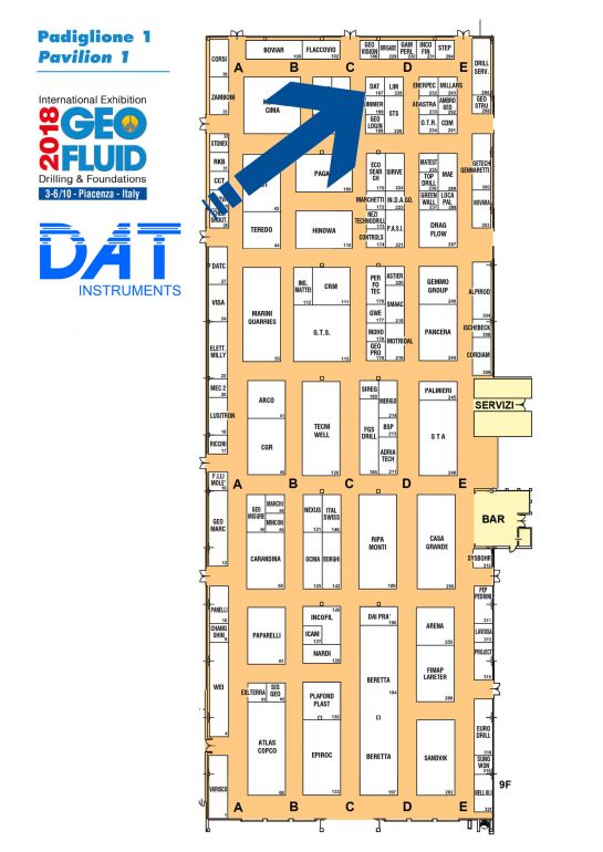 DAT instruments, Geofluid 2018, planimetria, padiglione 1, corsia C, stand 167