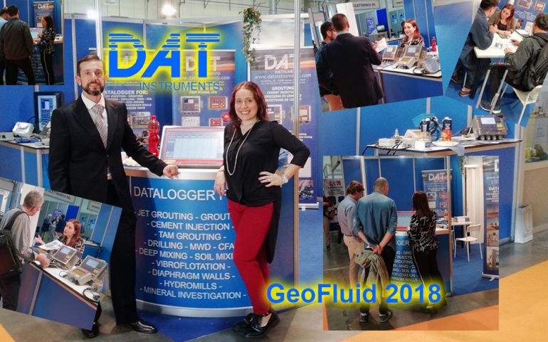 DAT instruments, GeoFluid 2018, stand, jetgrouting, CFA, drilling dWalls, scavo di diaframmi, collage