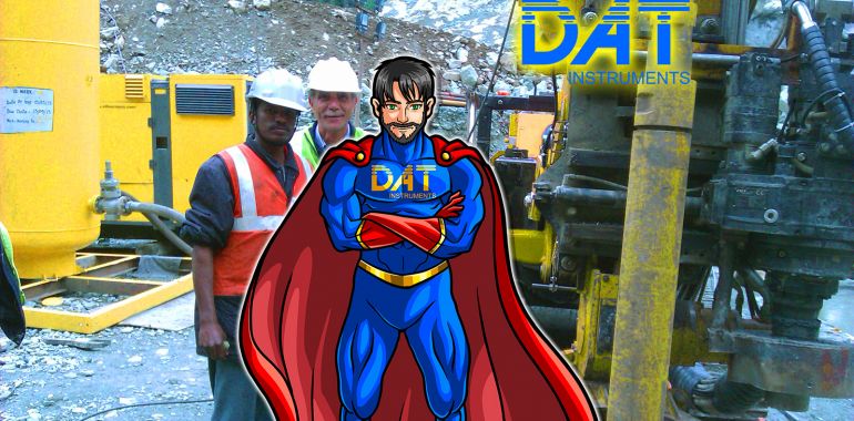 DAT instruments datalogger, drilling rig operators, DAT instruments character, superhero in field, DATman