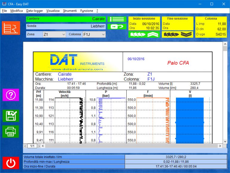 Easy DAT software per CFA pali ad elica continua, ACP auger cast pile, continuous flight auger